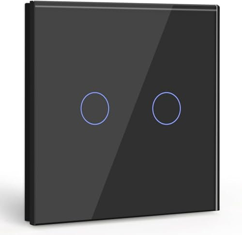 Interruptor de Luz Táctil Con Wifi instalacion de Pared, 220V 10A Potencia de Carga, 50/60Hz, Panel de Vidrio, 86mm 2 Gang, Tuya Smart App, Asistente Alexa, Google (2 Gang, Negro cristal)