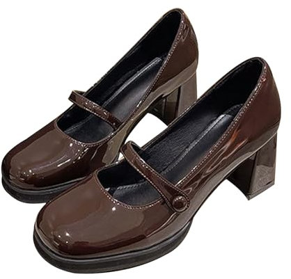 WBITJDK Women's Chunky Platform Mary Jane Shoes Square Toe Cap Chunky Block Heel Low 6 cm Casual Office Shoes, brown, 5 UK