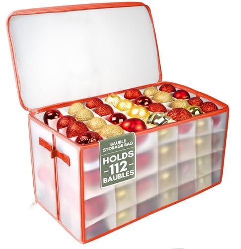 Pelle & Sol Christmas Bauble Storage Cube with Dividers for 112 Ornaments, Xmas Decoration Organizer with Zipped Lid, Handles, and Sturdy Design - Perfect Storage Box for Christmas Decorations - Red