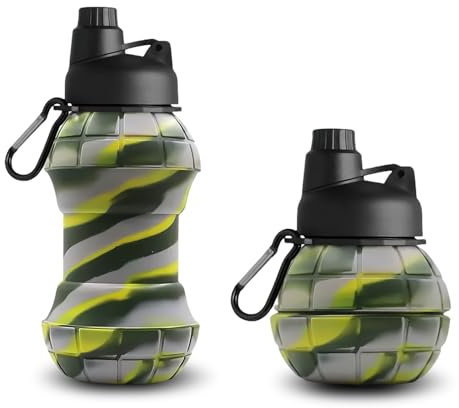 AMFUN Collapsible Silicone Water Bottle, 550ml, Camouflage, Foldable Grenade Type, Leak-proof, Eco-friendly, For Camping, Hiking, Travel, Outdoor Activities