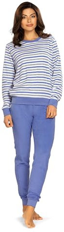 Comtessa Damen Frottee Schlafanzug 242346 Streifen Bündchen Farbe: Blau Baumwolle Gr. 40 M