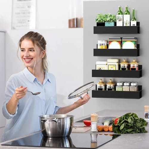 Refein 4 Pack Magnetic Spice Rack for Refrigerator, Black Metal Spice Storage Organizer for Refrigerator and Oven Moveable Magnetic Shelf for Fridge and Microwave Oven, Space Saving for Kitchen