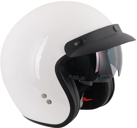Stealth Open Face Motorcycle Helmet ECE 22.06 Approved UK Road Legal Scooter Motorbike Helmet (Gloss White W/ Peak, L)