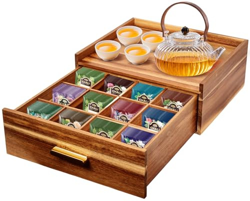 NANXITU Acacia Wood Tea Holder Organizer,Tea Box Organizer Storage Box,Tea Caddy for Tea Bags Organizer Drawer,with12 Compartments Multi-Functional Tea Station Chest for Countertop