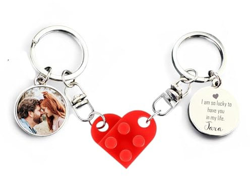 Eliphs Personalised Gifts Heart Puzzle Key Ring - Perfect Gifts for Her - Photoprinted and Engraved Couple Keyring - Unique Keyring for Men and Women - Customizable jigsaw Style Key Holder