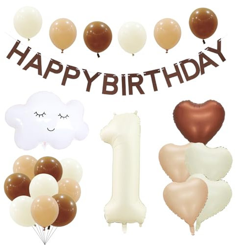 KOBOKO Luftballons Beige Geburtstagsdeko 1 Jahr, Wolken Luftballon 1. Geburtstag Mädchen Junge, Herz Folienballon 1 Geburtstag Mädchen Junge, Ballon Braun Erster Geburtstagsdeko, Happy Birthday Banner