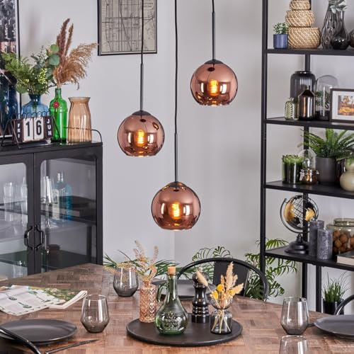 HOFSTEIN Hängeleuchte Koyoto, 3-flammige Hängelampe aus Metall/Glas in Schwarz/Kupferfarben, moderne Pendelleuchte im Retro/Vintage-Design (Schirme Ø 15 cm), E27, Esszimmer, Küche, Wohnzimmer