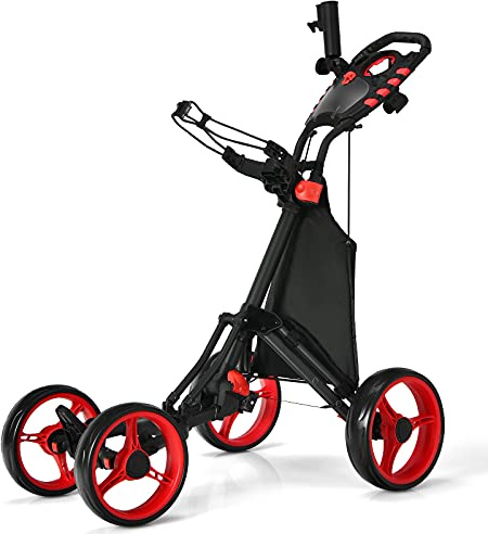 LIFEZEAL Golftrolley mit 4 Rädern, Golf Push Cart mit Fußbremse, Golfcaddy mit Aufbewahrungstasche & verstellbarem Griff, 110 x 65 x 100 cm