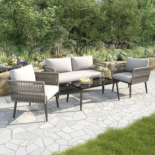 Merax Gartenmöbel Set mit 2-Sitzer-Sofa, 2 Sessel und Glas-Couchtisch, Outdoor Lounge Set, PE-Seil in Wassergras-Imitation, verzinkter Stahl, wetterbeständig, komfortable Kissen, Grau