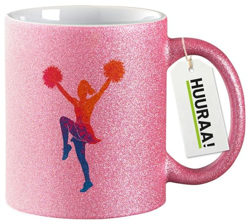 Huuraa Glitzertasse Cheerleading bunte Silhouette Geschenk | Motivtasse 330ml Glitzer Tasse mit Spruch Pink Keramik Kaffeebecher Geschenkidee Pinker Glitter Becher mit Motiv