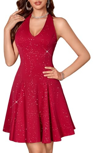 Homrain Glitzer-Strass-Sparkle-Kleid für Damen, Elegantes Homecoming-Mini-Kleid, Sexy Club-Kleid mit Halterneck, Cocktailkleid für Herbst