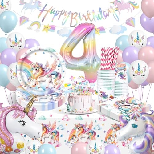 WINAROI Einhorn Deko Kindergeburtstag,Einhorn Geburtstagsdeko Mädchen 4 Jahre,Geburtstag Party Geschirr,Pappteller Kindergeburtstag mit Einhorn Luftballons Pappteller Tassen Servietten Tischdecke