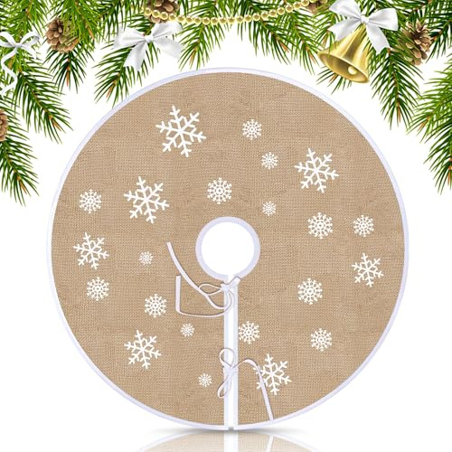 Weihnachtsbaum Decke, Leinen Weihnachtsbaum Rock, Weihnachtsbaumdecke Rund, Khaki Tannenbaum Decke, Weiße Schneeflocke Gedruckt Weihnachtsbaum Deko
