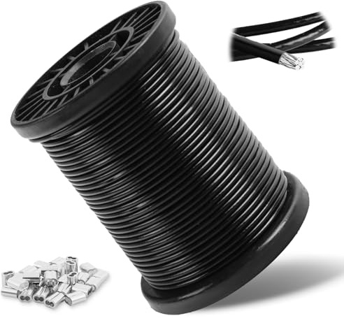 30M Cuerda de alambre, 2mm cable de acero inoxidable 304 con Revestimiento PVC Transparente, núcleo 7x7 hilos, resistencia 275 kg, incluye 30 abrazaderas de aluminio, ideal para plantas trepadoras