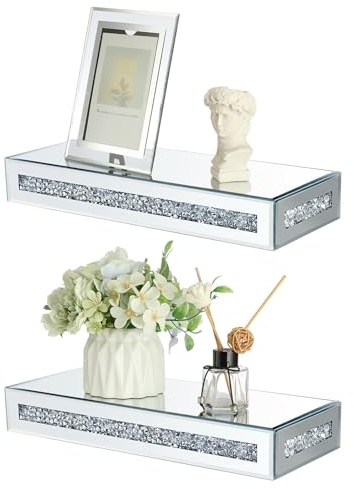 2 rechteckige Glasregale, verspiegelt mit zerkleinerten Diamanten | Glitzer-Wandregale, Tisch-Display-Halter für Heimdekoration, modernes Glam-Dekor-Präsentationsregal für Parfüm, Kosmetik