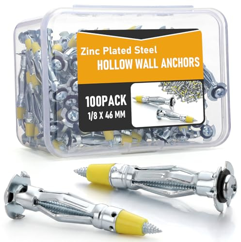 Frienda 100 Pcs Heavy Duty 1/8 x 46 mm Zinc Plated Steel Molly Bolt Drive Hollow Wall Anchors Screws with Box for Drywall, Molly Bolt Drive Fasteners Kits for Drywalls, Various Materials
