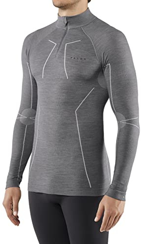 FALKE Herren Baselayer-Shirt Wool-Tech High Zip Neck M L/S SH Wolle schnelltrocknend 1 Stück, Grau (Grey-Heather 3757), M