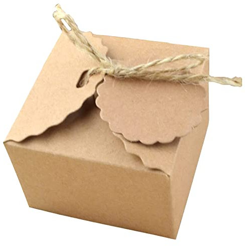50 Stück Karton Geschenkboxen Braun, Kraftpapier Faltschachtel, Vintage Geschenkkarton für Party, Geburtstag (Mit Juteseilen und Anhängern)