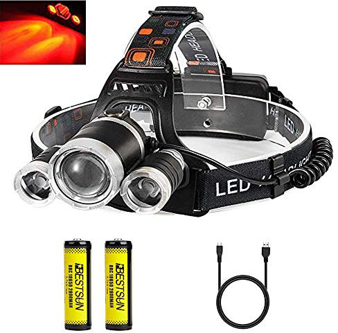 BESTSUN Linterna Frontal LED Recargable, con Luz Roja (1 Blanco + 2 Roja Luz) 3 Modos Potentes 5000 Lúmenes Linterna Cabeza, Bueno para Pescar, Caza, lectura