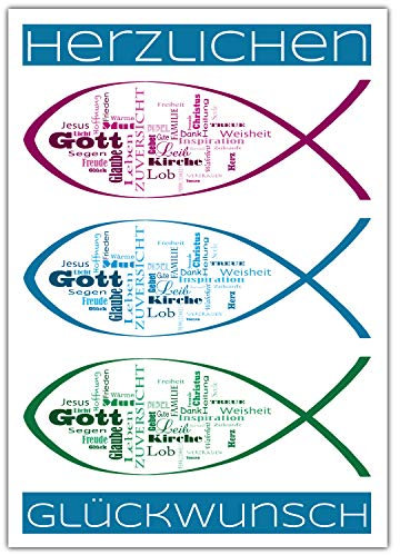A4 XXL Glückwunschkarte WORTE & FISCHE mit Umschlag - Premium Klappkarte für Kommunion Konfirmation Taufe Firmung Geburtstag Karte von BREITENWERK