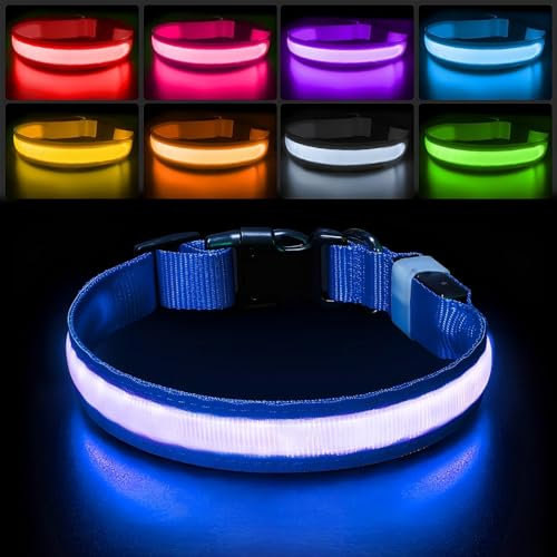 PcEoTllar Light Up Dog Collar, Dog Collar Light Rechargeable 7 Colors, LED Dog Collar with Light for Night Walking Waterproof & Adjustable for Small Medium Large Dogs, Blue(7 Modes)-S