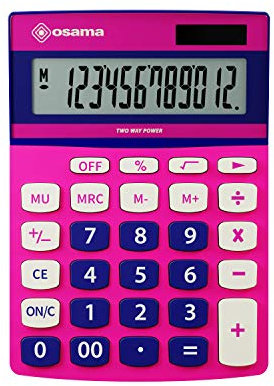Osama, Metacolor - Calculatrice Bureau à 12 Chiffres + Écran Incliné en Métal, Calculatrice College et Lycee avec Recharge Solaire - Calculette Idéal comme Fourniture et Accessoire Bureau, Rose/Bleu