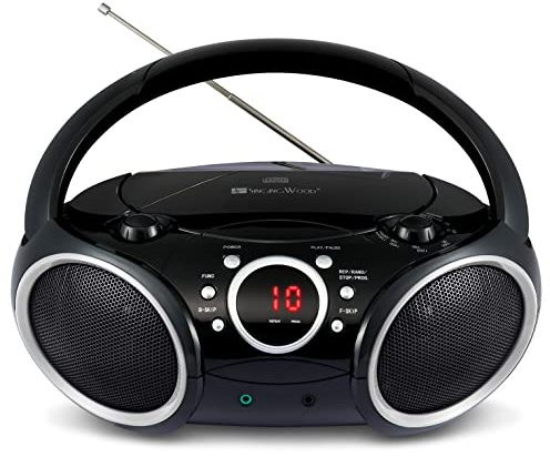 Singing Wood 030C Lettore CD Portatile Boombox AM FM Sintonizzazione analogica Radio, Ingresso Aux Line, Jack per Cuffie, Maniglia per Il Trasporto Pieghevole (Nero con Un Tocco di Cerchi Grigi)