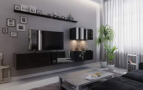 Reboz Wohnwand VEX 7 Anbauwand Mediawand Weiß Schwarz Hochglanz TV Möbel Set Schrank (Schwarz Hochglanz)