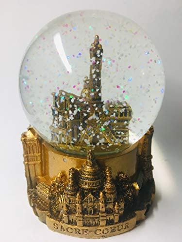 VIANAYA Schneekugel Paris Eiffelturm – Basis aus Kunstharz mit 3D-Monumenten und Glaskugel mit glitzernden Pailletten – Farbe Gold – Größe M (Höhe 11 cm)