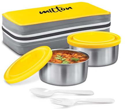 MILTON New Mini Lunch Box with Insulated Bag, 2 Containers (2 Stainless Steel 280 ml Each, Spoon & Fork), Leak-Proof Tiffin for Office, School, College, Yellow