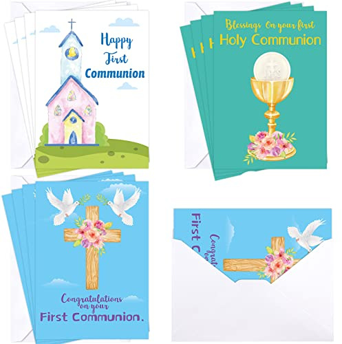 ceiba tree Holy First Communion Cards 12 PCS with Envelopes Message Inside for Sacrament Christian Religious Baptism 5X7 inch Baby Shower Confirmation 1st Communion Card