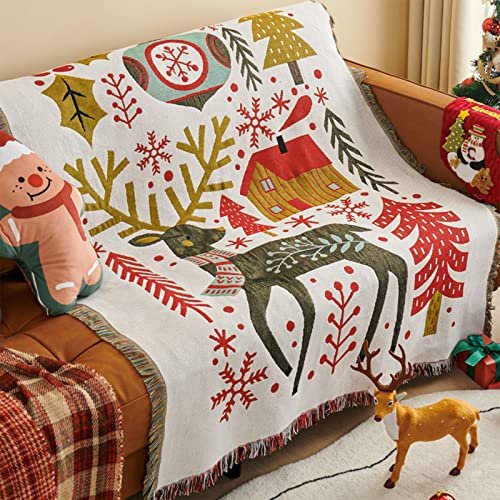 LumiSyne Weihnachts Dekorative Decke Baumwolle Gewebt Überwurf Mit Quaste Weihnachten Thema Jacquard Wandteppich Kuscheldecke Überwürfe Decke Für Bett Couch Sessel Camping Tischdecke Teppich 160x130cm