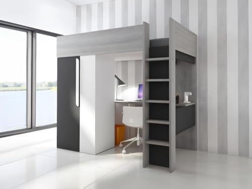 Vente-unique-Hochbett mit Schreibtisch & Kleiderschrank - 90 x 200 cm - Anthrazit & Weiß - Nicolas II