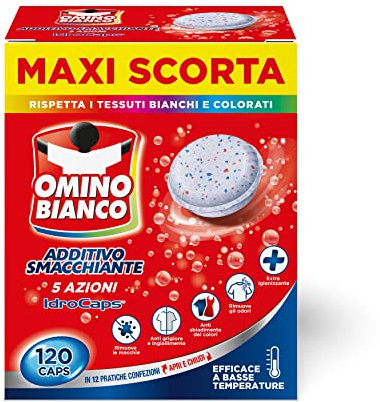 Omino Bianco - Additivo Lavatrice Totale 5 Azioni in 1 Idrocaps, Capsule Idrosolubili per Bucato, Smacchiante e Igienizzante, 10 Caps x 12 Confezioni