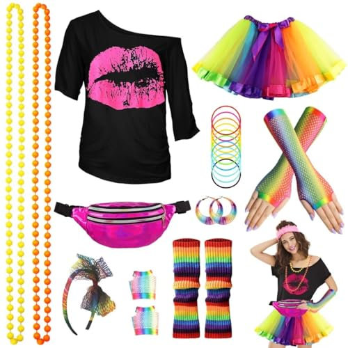 WILDPARTY 80er Jahre Outfit Damen Set, T-Shirt, Tutu, Gürteltasche, Stirnband, Ohrring, Halskette, Netzhandschuhe, 80er Jahre Kleidung Kostüm Neon Accessoires Thema Party Karneval Damen Frauen