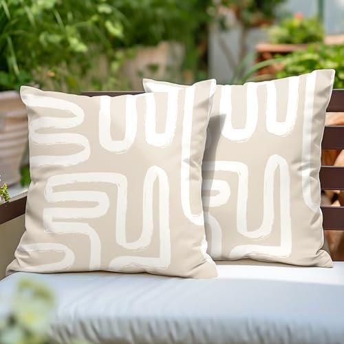 Encasa XO Kissenbezüge aus Polyester | Digital Boho Beige Drucken | Wasserabweisender, lichtbeständiger, hautfreundlicher Stoff | Ideal für den Außen- und Innenbereich | 40x40 cm | 2er-Set