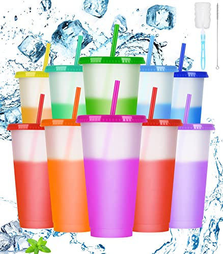 Dulov 24oz Colour Changing Cups with Lid & Straw - 10 Pcs Reusable Cold Cups | Fun & Eco-Friendly Drinkware for Parties, Travel, and Everyday Use