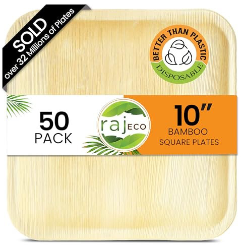 Raj Eco Compostable Palm Leaf Plates Like Bamboo Plates Disposable - 10 Inch Square 50 Party Plates, Natural Wooden, Eco-Friendly, Fancy Biodegradable & Disposable Wedding Picnic Plates