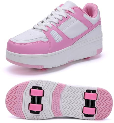 XRDSHY Schuhe mit Rollen für Jungen Mädchen, Skateboardschuhe Sportschuhe Turnschuhe Kinder Erwachsene, 2 in 1 Multifunktionale 4 Rollen Rollschuhe, Pink B-36 EU