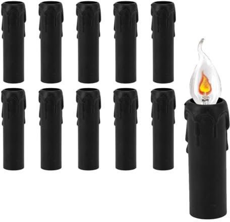 WOOXGEHM 10 Stück Kerzenhülse, 4 Zoll Kronleuchtersockelabdeckungen, Tropfenmuster Aus Geschmolzenem Wachs, E14 Kaliber Kerzenabdeckungen Aus Kunststoff(Schwarz)
