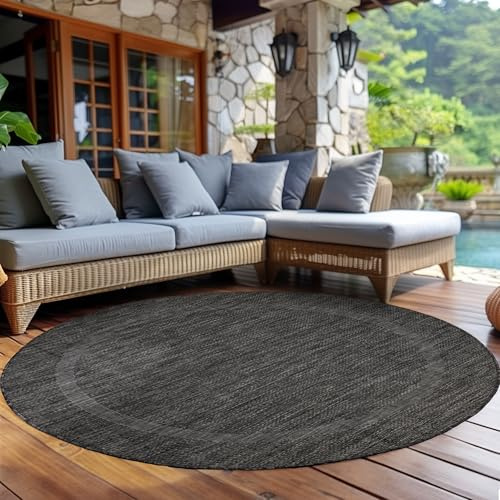 Outdoor Teppich Wetterfest Einfarbiges Design Terrasse Balkon Teppich Rund Küche Garten Sisal-Look Küchenteppich Läufer Flur, Größe: 160 cm Rund, Farbe: Schwarz