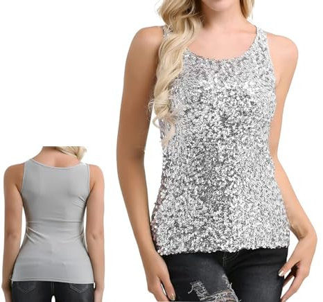 Damen Pailletten Tanktop, ärmellose funkelnde schimmernde Weste, 1920er Jahre, glitzerndes Pailletten Top, Glitzer Rave Party Weste Tank Tops, glitzernde Blusen T-Shirts mit Rundhalsausschnitt