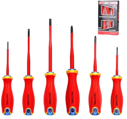 HAUTMEC 6PCS VDE Insulated Screwdrivers Set with Forged S2 Shanks, Magnetic Tips, Tri-Material Cushion Grip, Includes 3 Flathead, 3 Pozidrov, Professional Electrician Screwdriver Kit, HT0331
