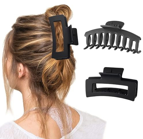 Pinzas Grandes Para el Pelo, Clips de garra de plástico para el cabello, 2 Piezas Pinzas Antideslizantes para el Cabello, Horquilla gruesa para el pelo para Cabello Grueso y Fino (Negro)