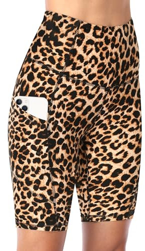 DDOBB Damen Radlerhose mit Taschen High Waist Sport Shorts Damen Sommer Kurze Sporthose Blickdicht Yoga Shorts Leggings Hose Gym Fitness Outdoor(Leopard,S)