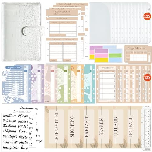 Budget Planner Deutsch | Binder - Sparchallenge Bugetplaner Deutsch, Giantzhong Budget Binder A6 Leder Startset, Geldumschläge Umschlagmethode - Finanzplaner Haushaltsbuch - Cash Stuffing (Weiß)