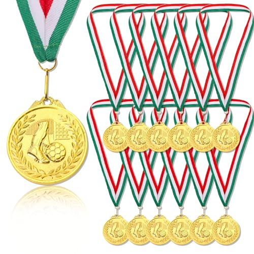 GEBETTER 12pz Medaglie Premiazioni Calcio, Medaglie Bambini Metallo, Winner Medaglia d’Oro Premi Adulti per Giornata Sport Giochi Feste Calcio Compleanno, con Nastro Bandiera Italiana