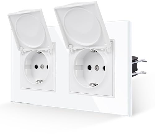 JIMEIDA Doppelsteckdose Glas Weiß Mit Wasserdichter Abdeckung Mit Haken 16 Amp Steckdose Gehärteter Glasscheibe Wandsteckdose 157 * 86mm