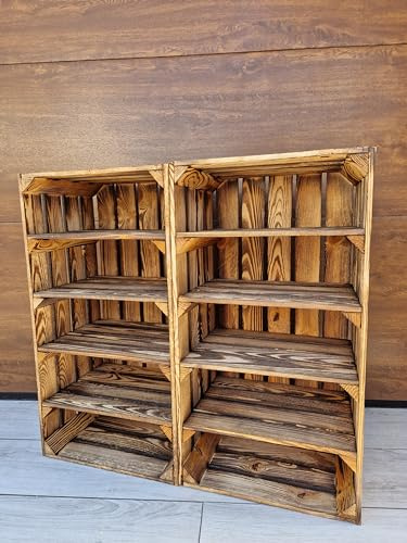 Big Wooden Storage Crates with Shelves - Rustic Vintage Home Decor (2 Crates Burnt effect short 4)