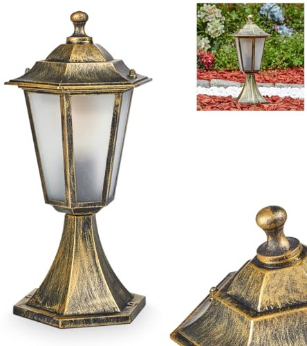 HOFSTEIN Außenwegeleuchte Loria, Sockelleuchte aus Metall/Glas in Gold-Braun/Milchglas, Wechselscheiben in Klar, Wegeleuchte in antikem Look, 37 cm, Gartenbeleuchtung IP44, 1 x E27, ohne Leuchtmittel